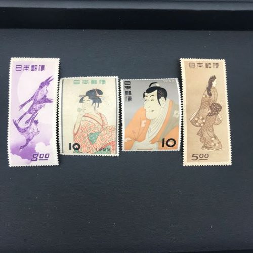 プレミア切手（見返り美人、月に雁、写楽、ビロードを吹く女性）4種