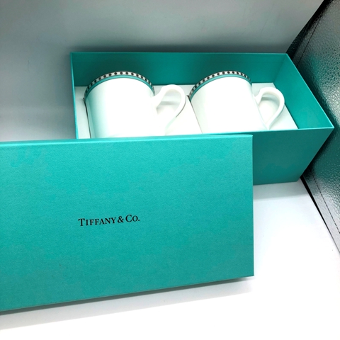 TIFFANY＆Co.-プラチナ-ブルーバンド-ペアマグカップ２個セット