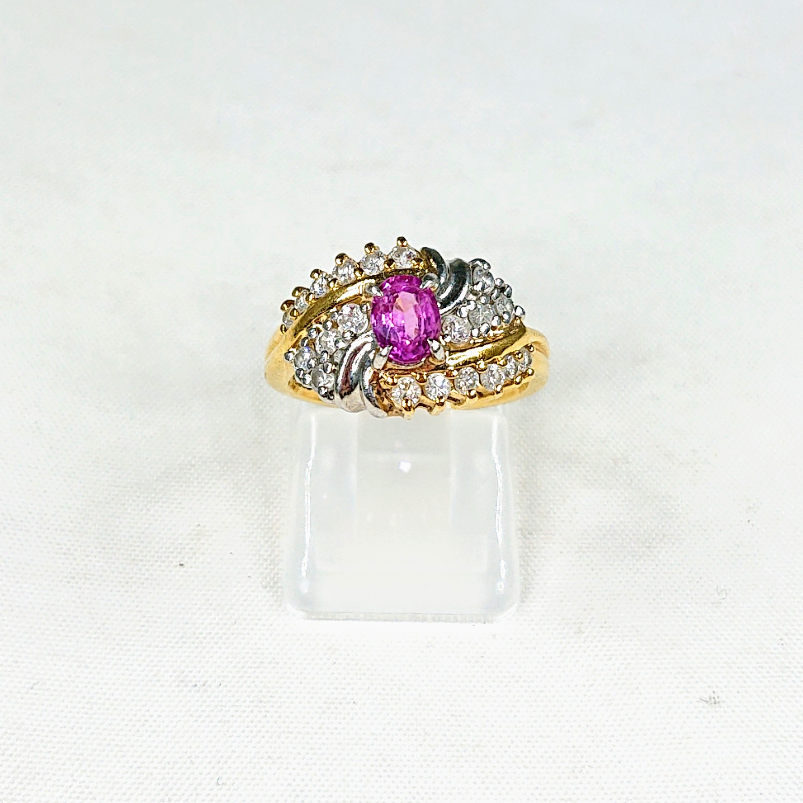K18/Pt850 ピンクサファイア(0.57ct)メレダイヤ(0.46ct)付リング