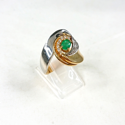 K18/Pt900 エメラルド(0.13ct)メレダイヤ(0.30ct)付リング